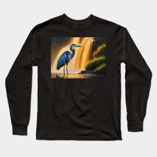 Blue Heron and Waterfall Long Sleeve T-Shirt